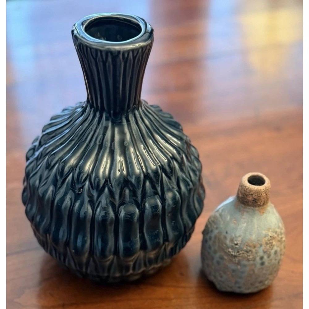 Lot of 2 Magnolia Home Vases Navy Large Dressy Fluted + Artisanal Skye Bud